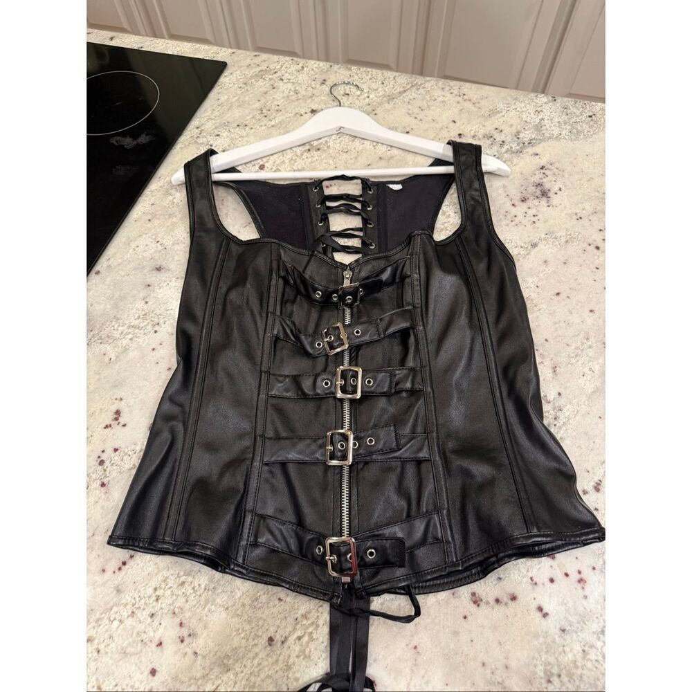 Black Faux Leather Buckle Front Corset Vest sz 2X EUC Goth Fetish